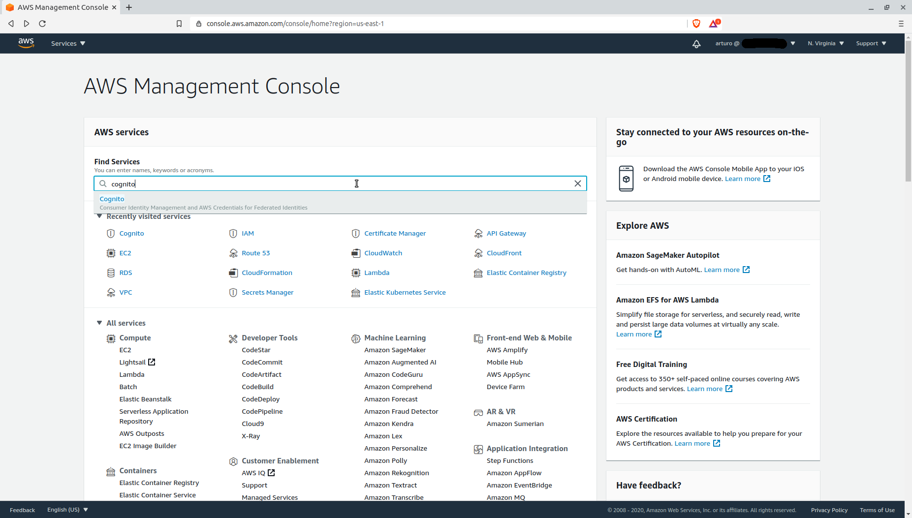 Inicio de la consola para buscar AWS Cognito