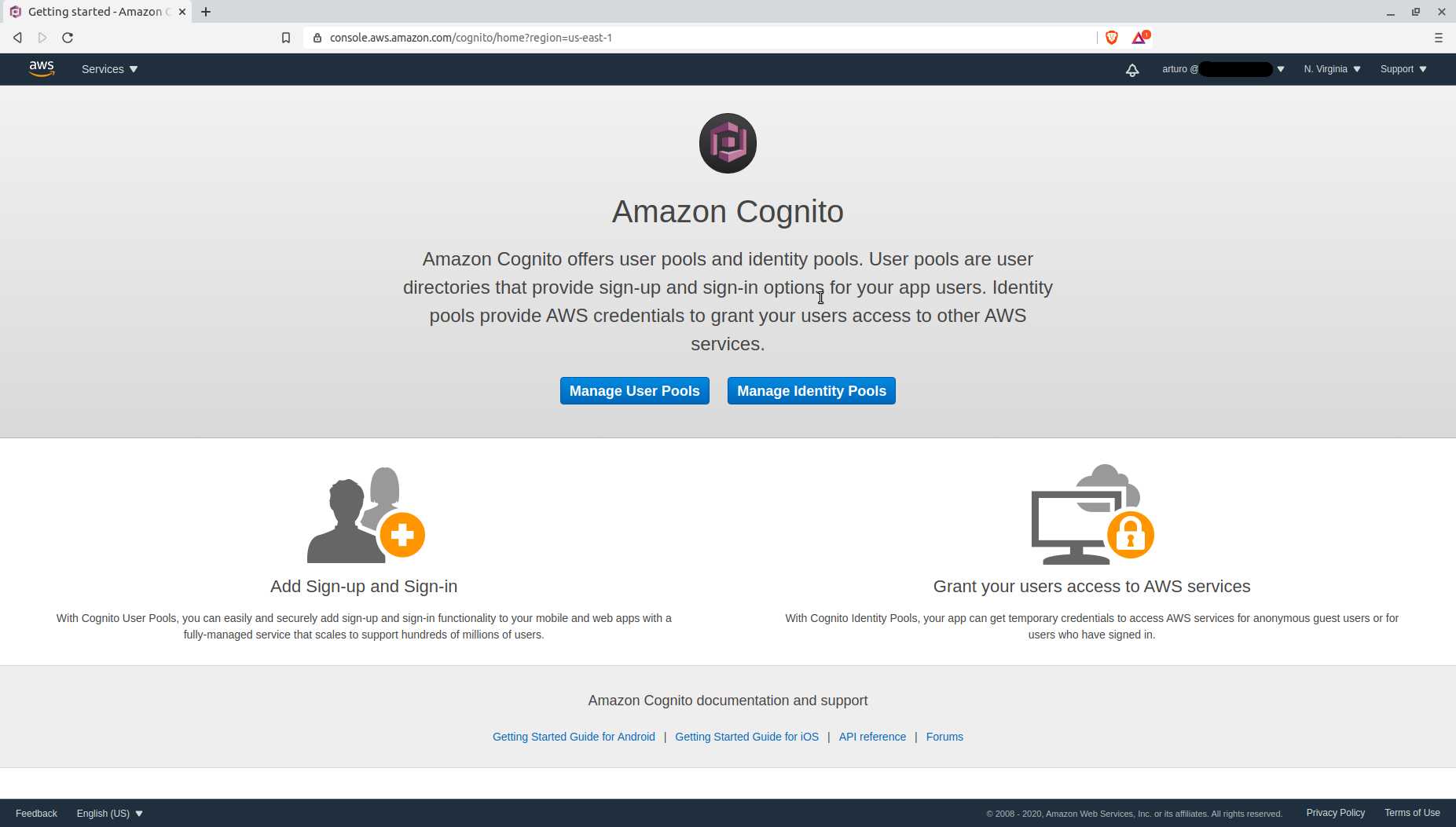 Pantalla principal de AWS Cognito