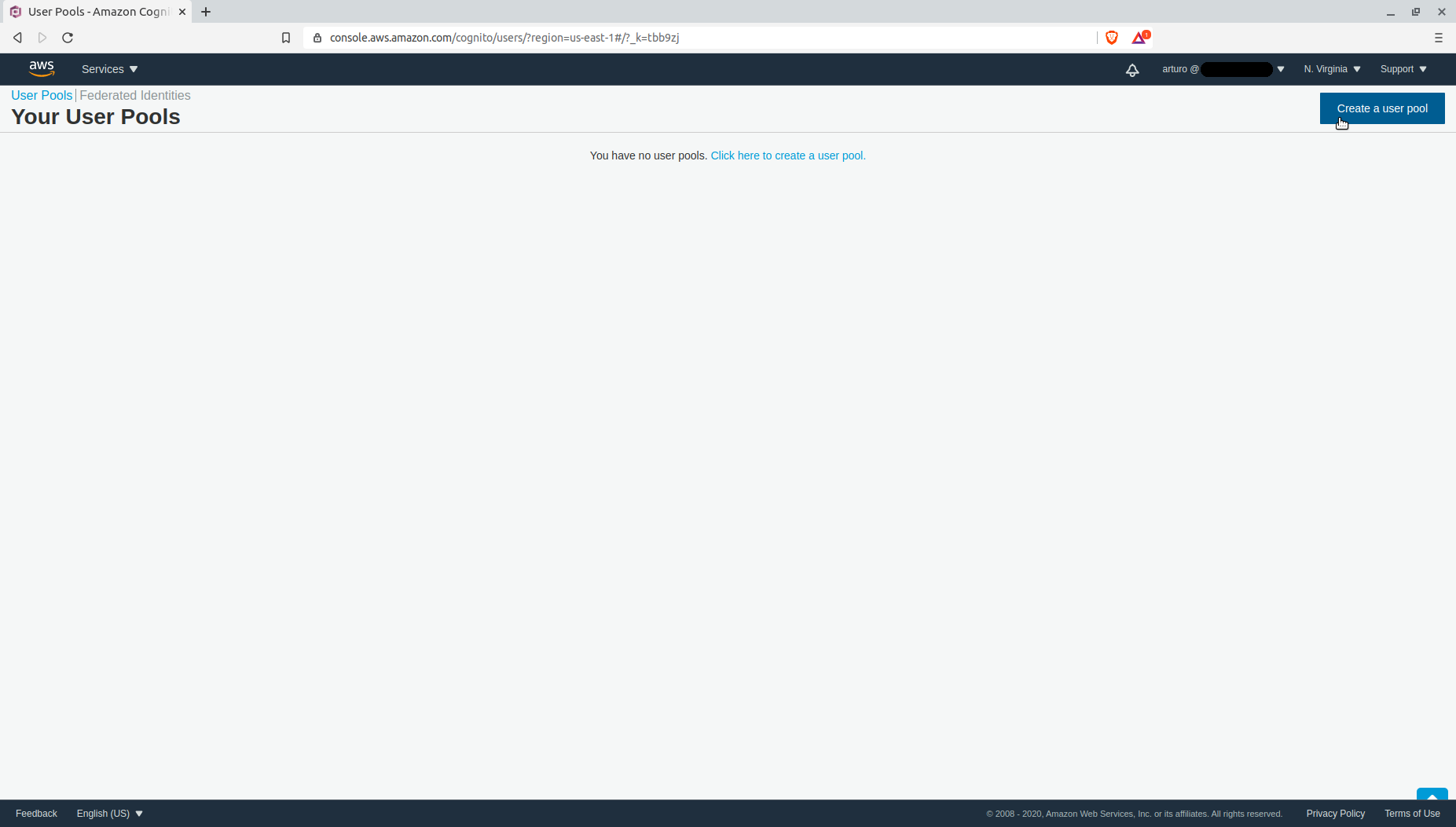 Pantalla para crear un User Pool