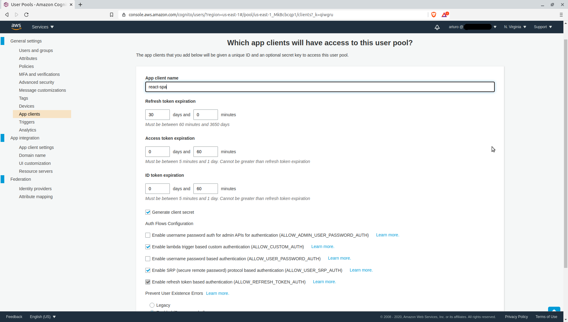 Configurar App cliente en el User Pool
