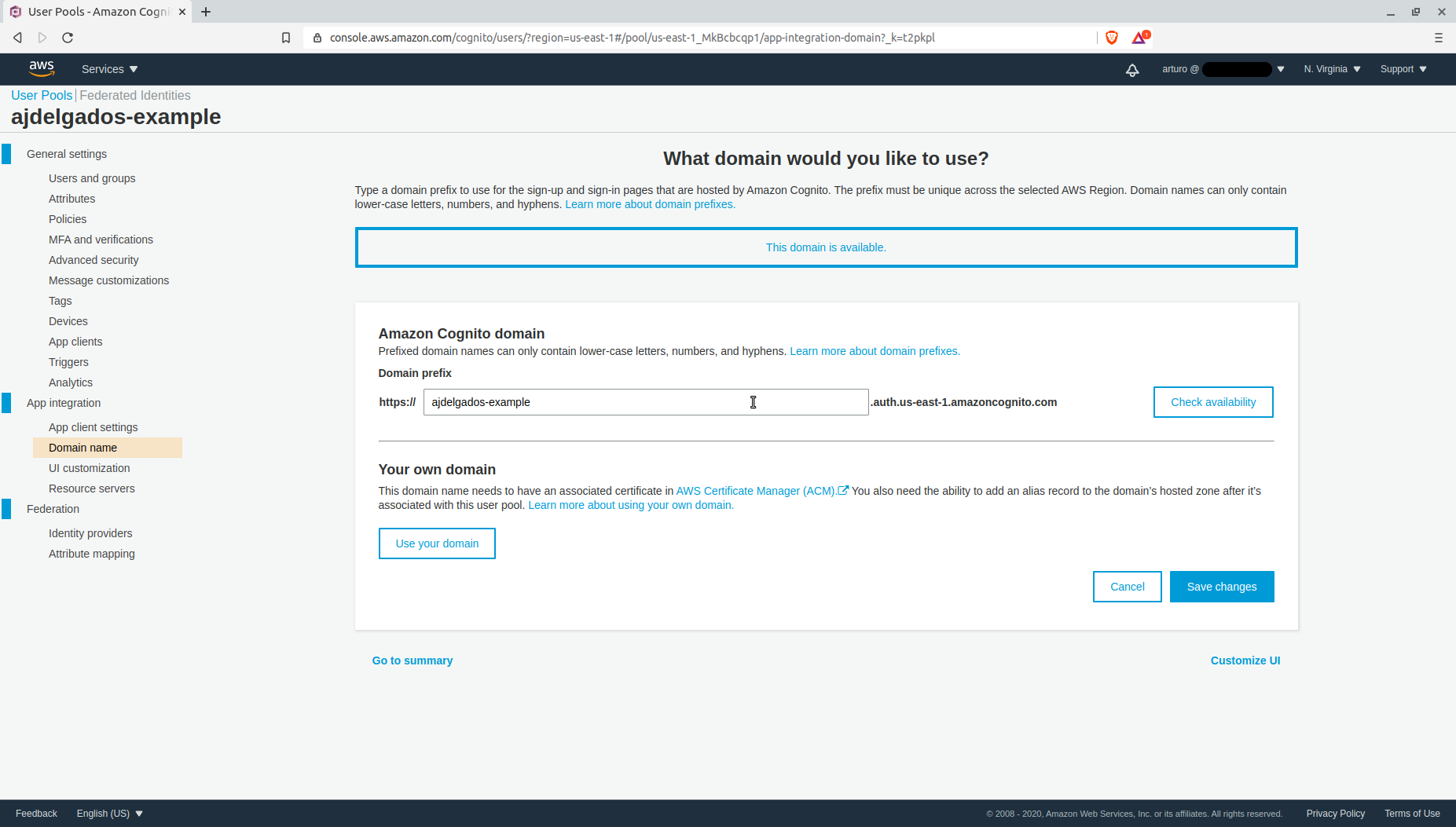 Seleccionar el dominio para el User Pool